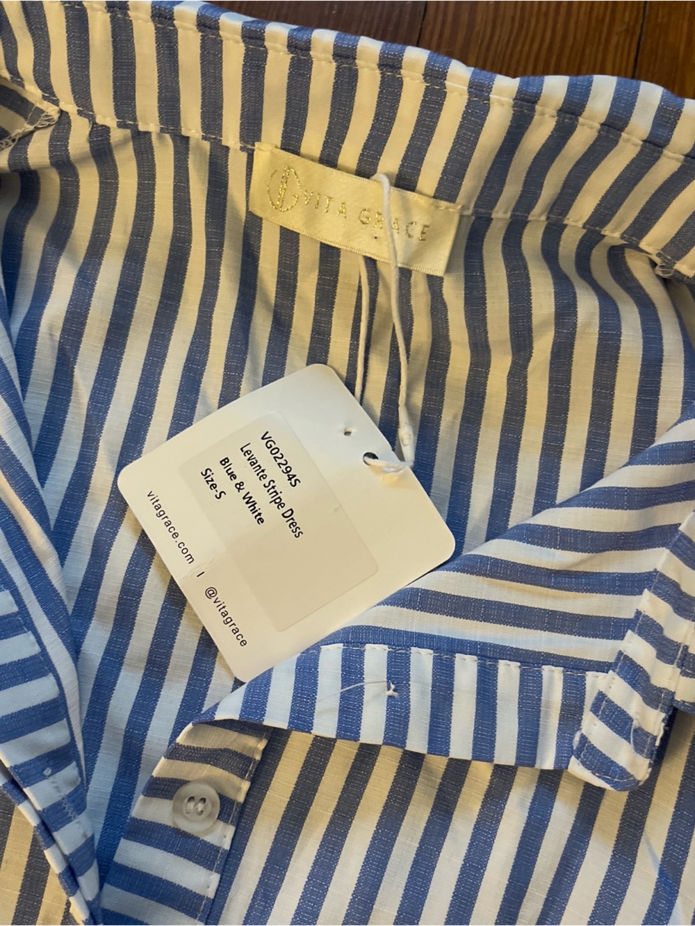 NWT VITA GRACE Levante Dress in Stripe Blue and White Puff Sleeve Collar Mini - Picture 9 of 10